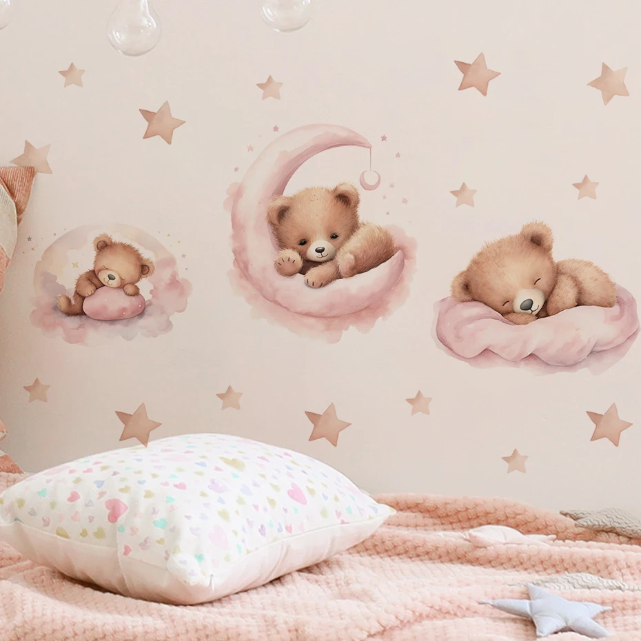 Pegatinas de pared luna y oso de peluche rosas habitación infantil - imagen 2