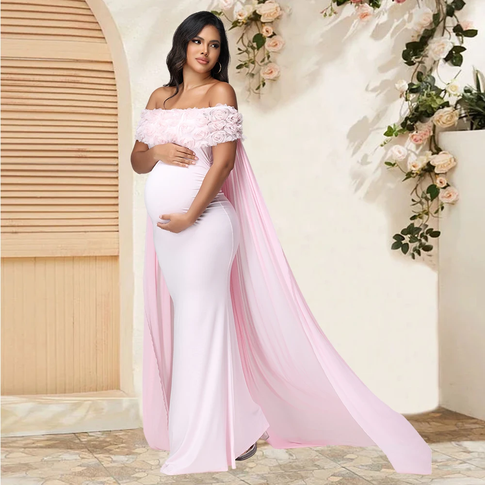 Vestido maternidad floral hombros al aire capa malla maxi Baby Shower - imagen 4