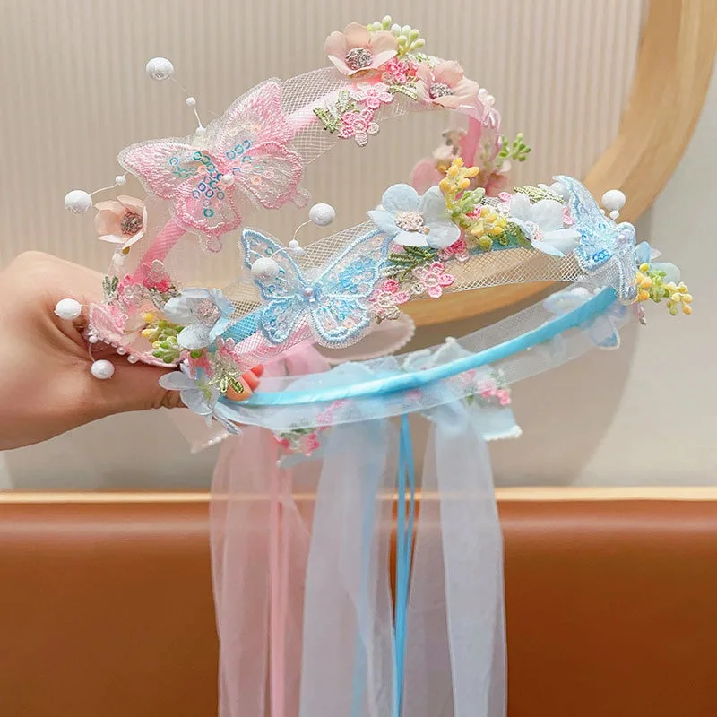 Vestido princesa infantil con corona mariposa y lazo de encaje