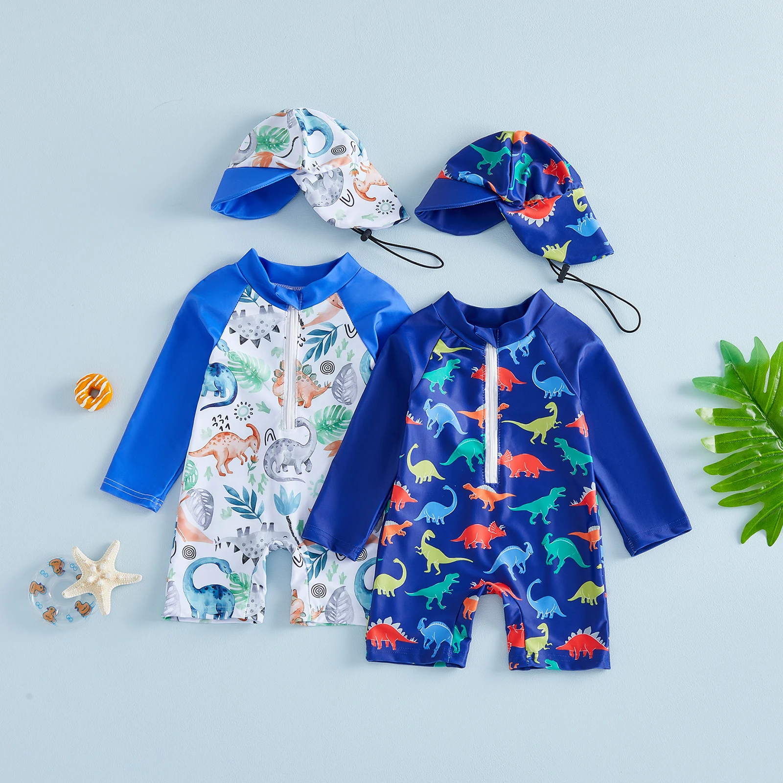 VISgogo traje de baño niño manga larga con gorro dinosaurio - imagen 3