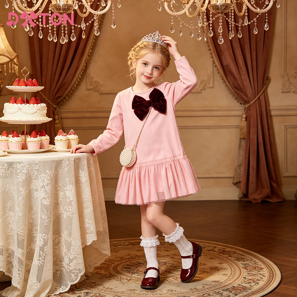 DXTON Vestido de princesa con lazo para niña – manga larga otoño