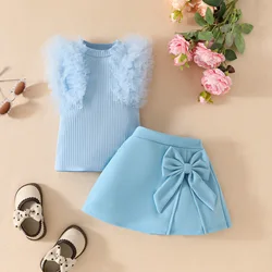 Conjunto verano niña encaje de algodón sin mangas pantalón corto lazo