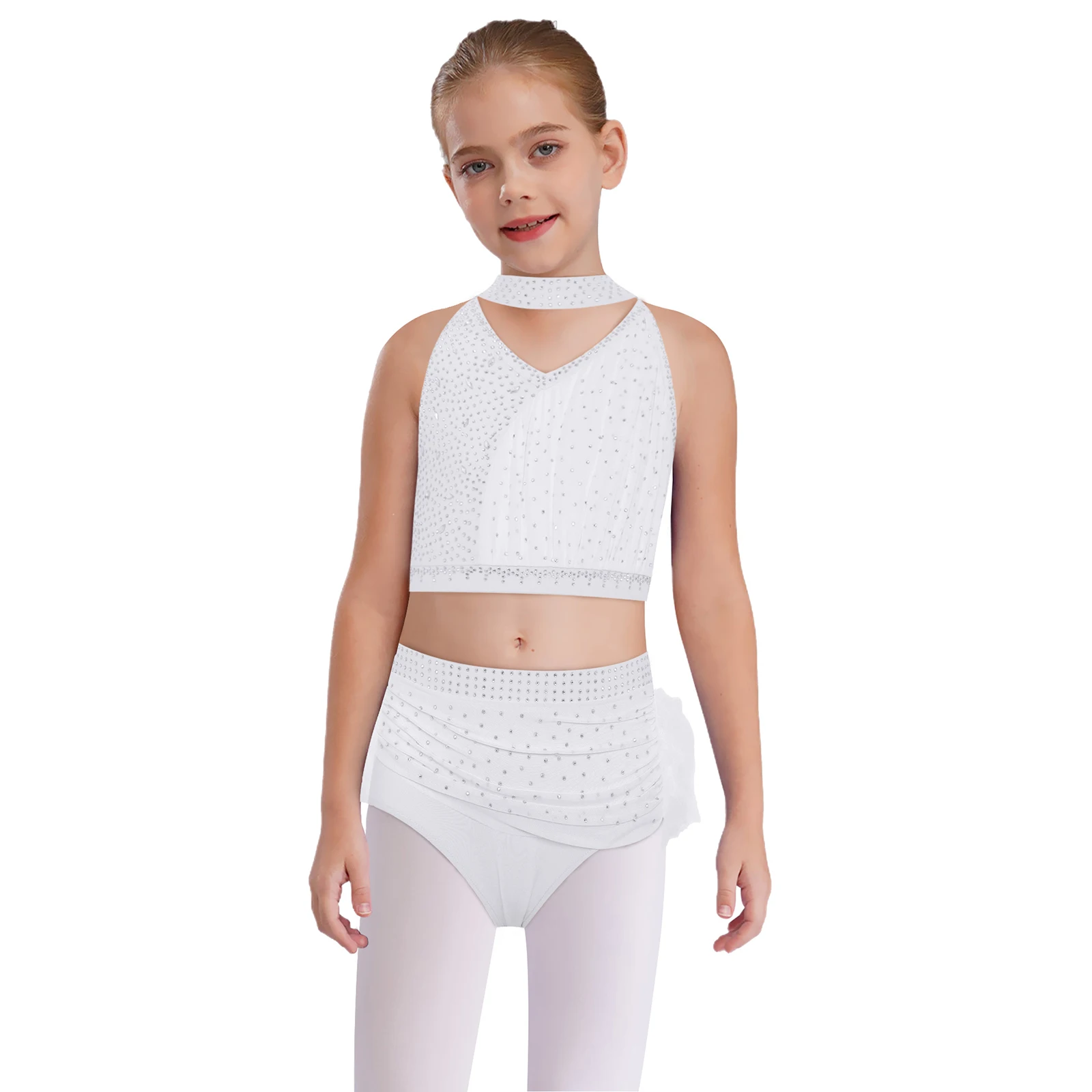 Traje de ballet para niña con top corto de pedrería
