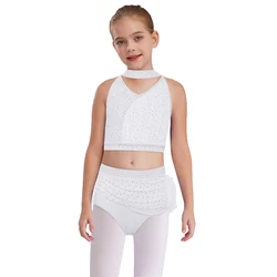 Traje de ballet para niña con top corto de pedrería