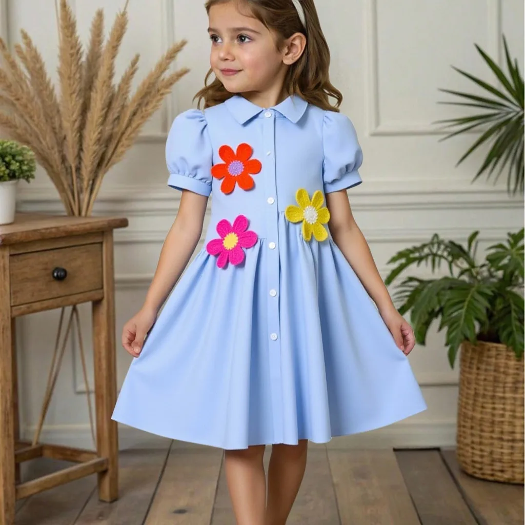 Vestido retro de verano rural para niñas con cuello plegable - imagen 3