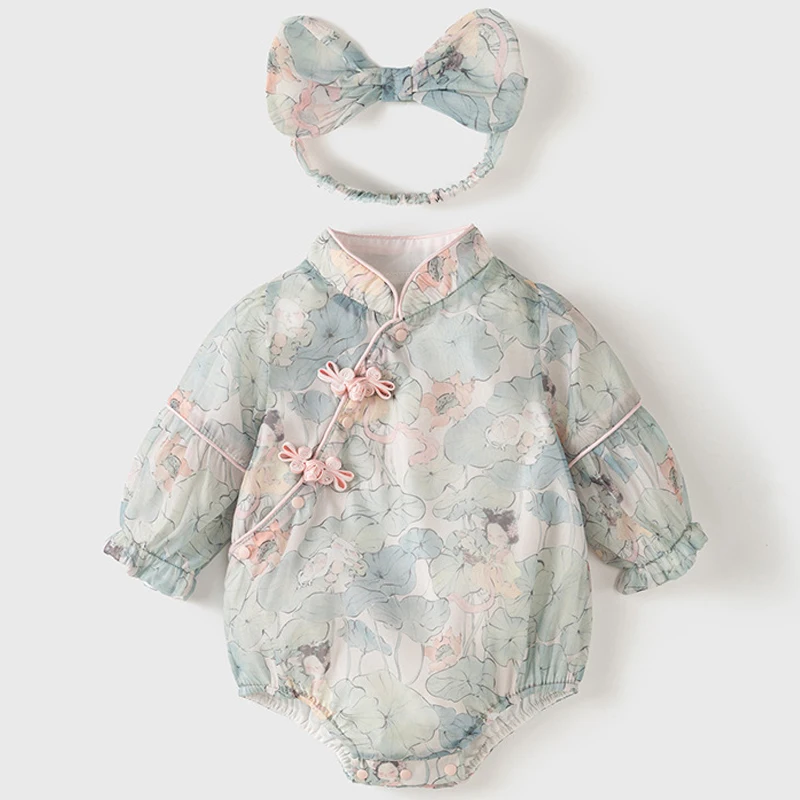 Conjunto de bebé niña estilo cheongsam algodón manga larga con flores