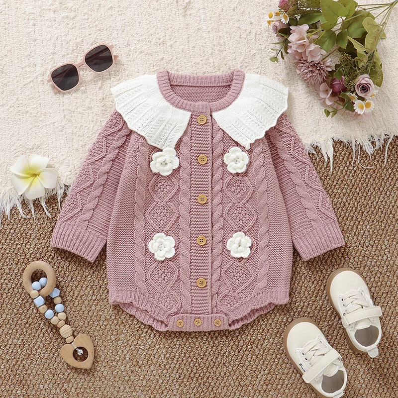 Mono de invierno para niña en punto rosa floral manga larga