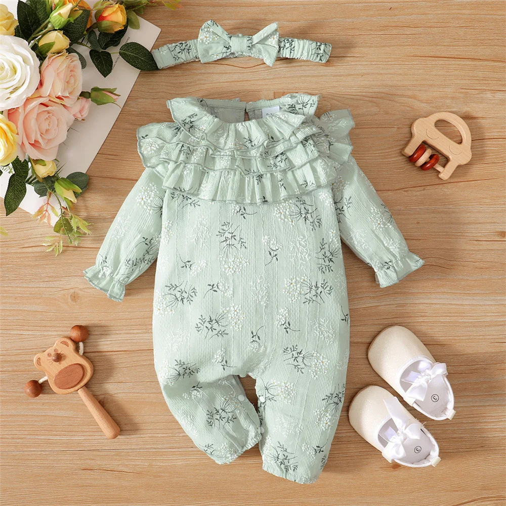 Conjunto de bebé de mono con volantes florales y diadema lazo