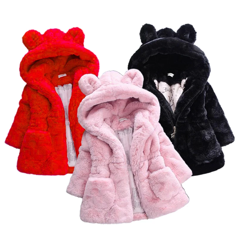 Abrigo de invierno para niñas con capucha y piel sintética cálida - imagen 4