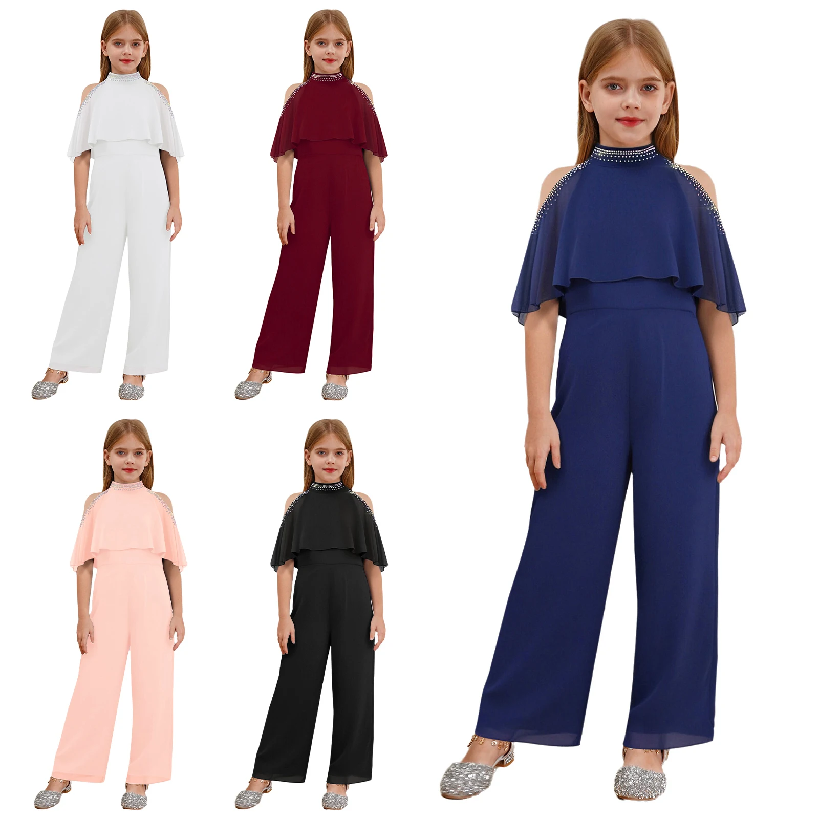 Mono de niña elegante con pedrería brillante y pierna ancha - imagen 2