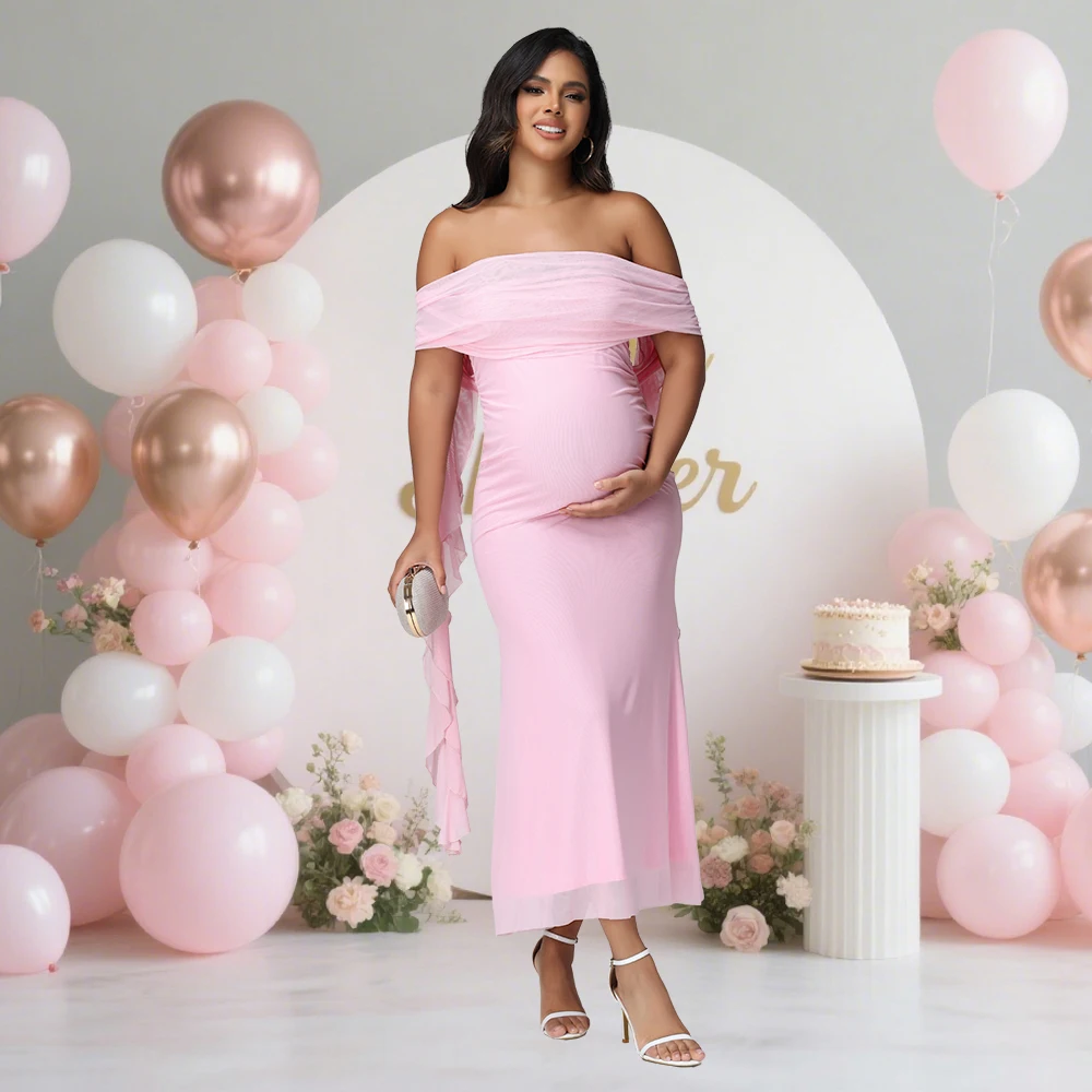 Vestido maternidad largo malla con hombros descubiertos y volantes - imagen 2