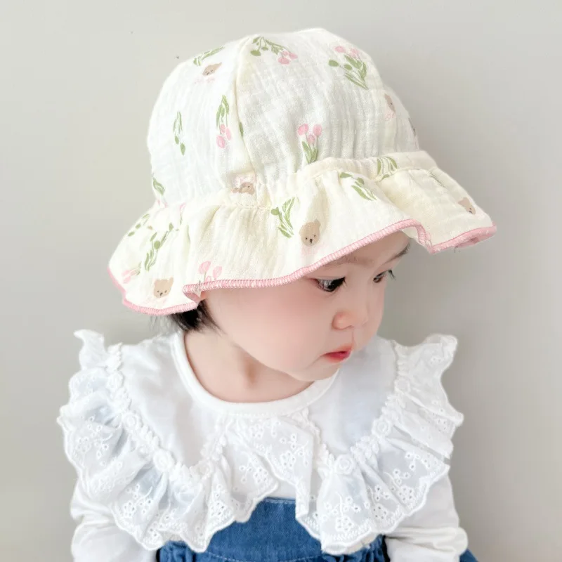 Gorro de muselina niña lazos princesa floral, ideal para el sol - imagen 4
