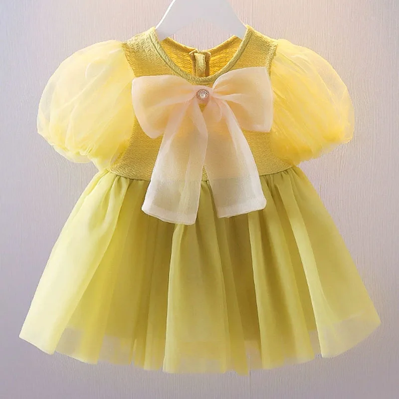 Vestido de malla para recién nacida con lazo bonito y manga corta - imagen 3