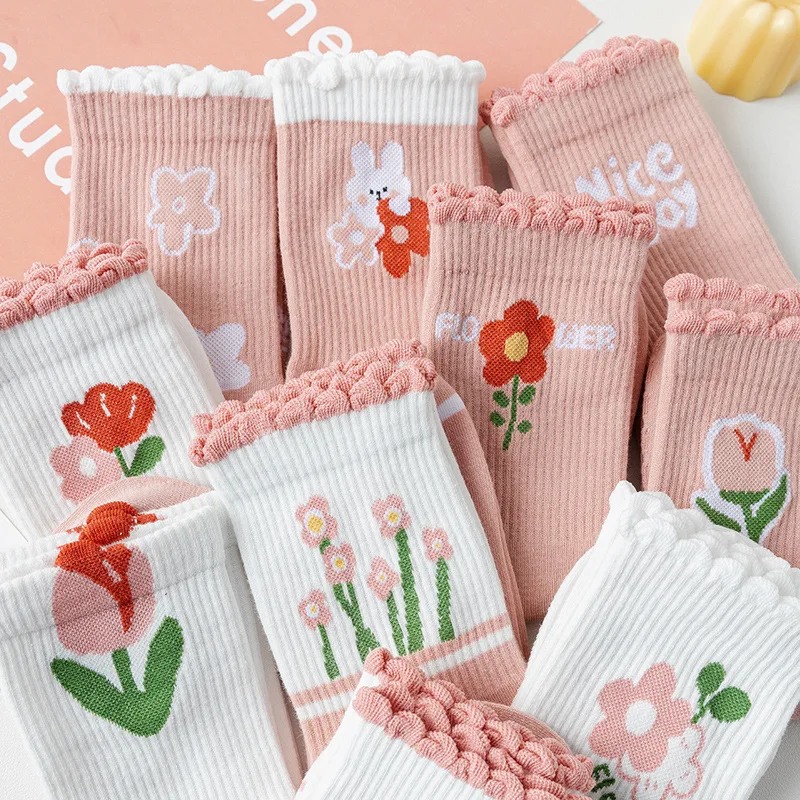 Calcetines de algodón suave para niñas con flores rosadas - imagen 4