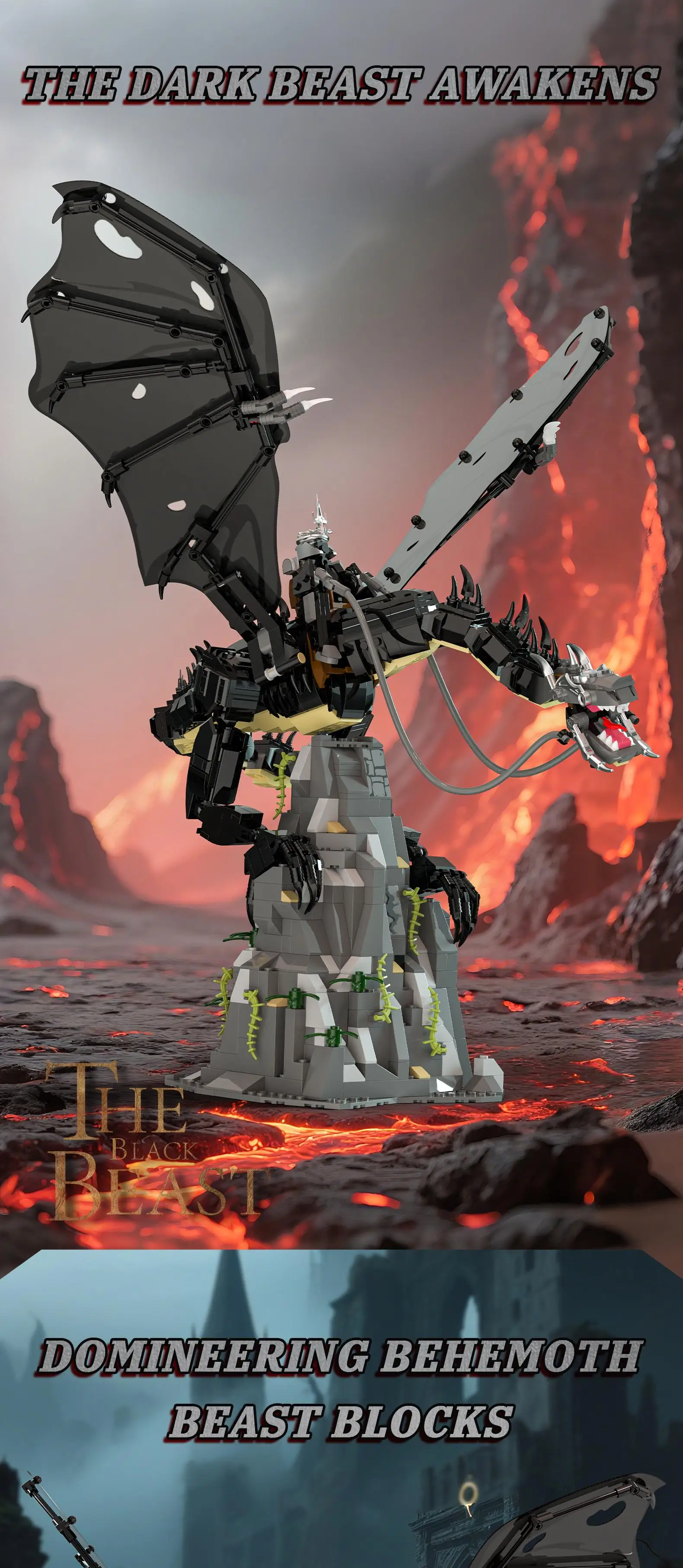 Dragón negro con alas extendidas y base rocosa