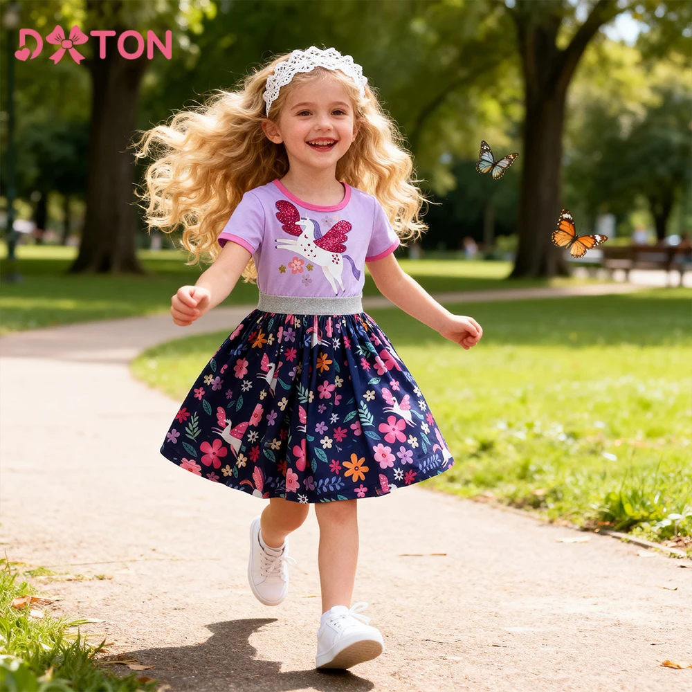 DXTON Vestido de algodón para niña con flores y unicornio – Verano - imagen 2