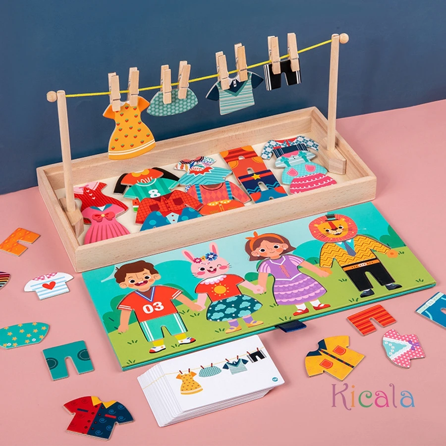 Ropa de madera para niños y juego Montessori en estilo rompecabezas