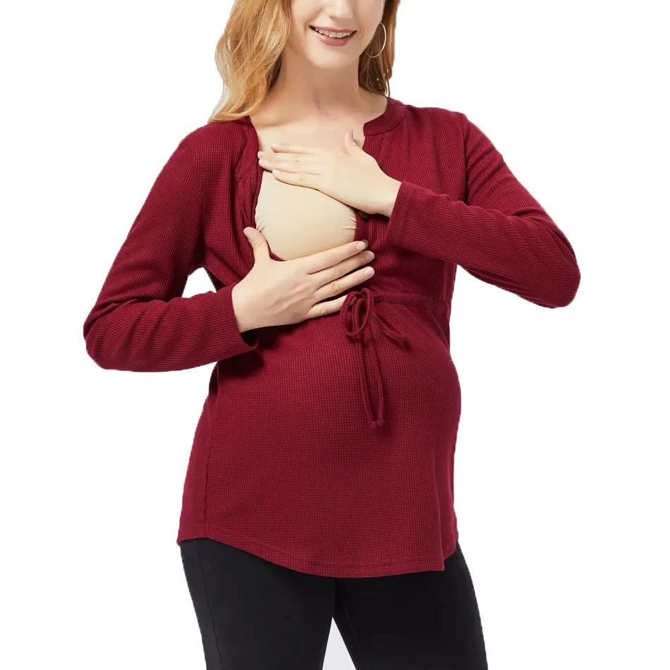 Camiseta de lactancia manga larga rojo vino, suave y cómoda