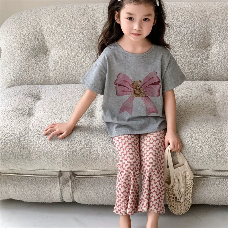 Conjunto de verano para niños con lazo, camiseta y pantalón oso - imagen 2
