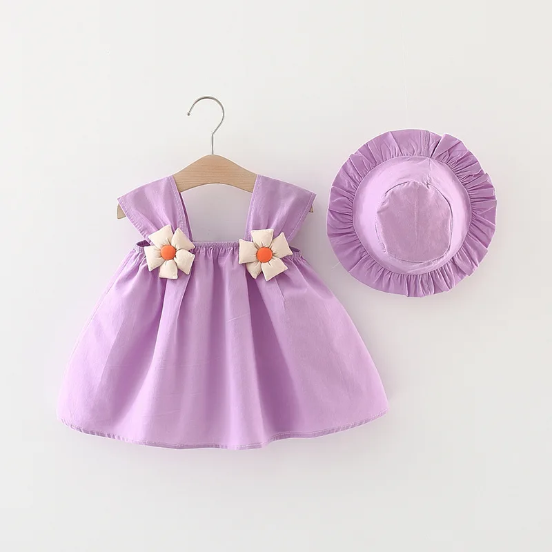 Vestido princesa algodón sin mangas flores sombrero bebé niña 6M-3T - imagen 2