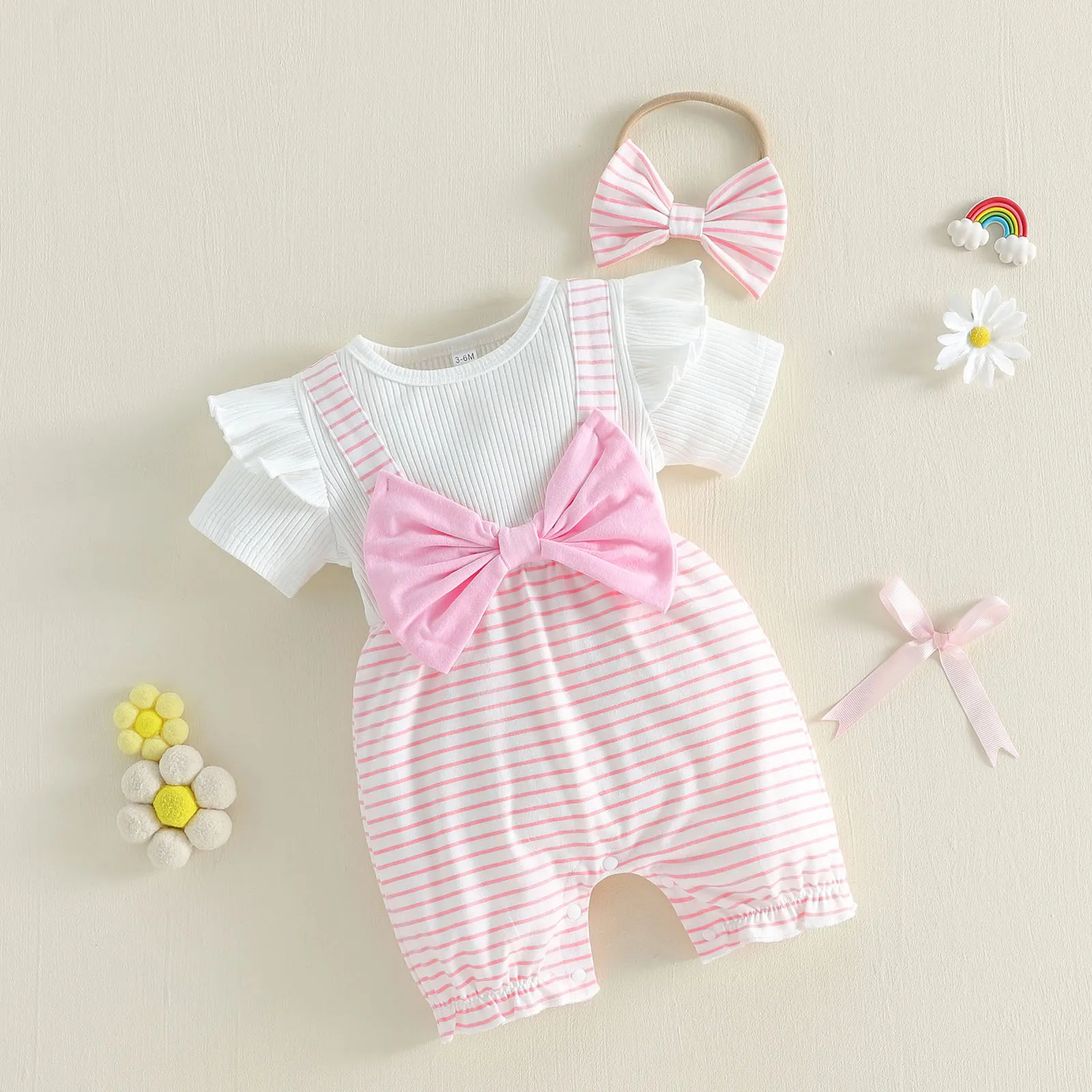 Conjunto de verano para niña: mono manga corta con lazo y diadema - imagen 4