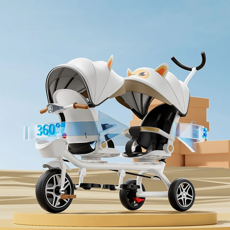 Triciclo bebé plegable doble multifuncional con asiento giratorio - imagen 2
