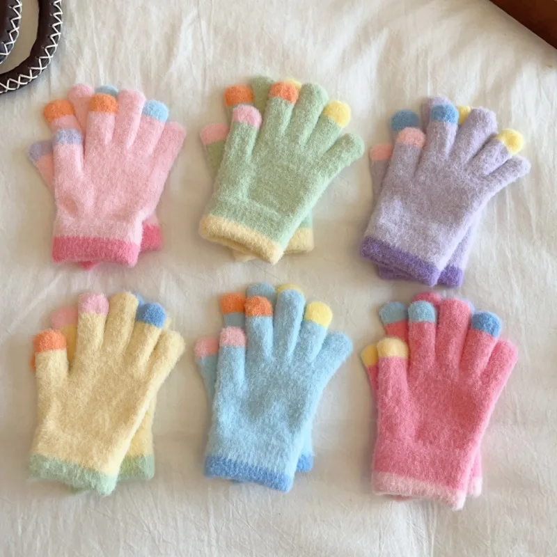 Guantes cálidos de acrílico color caramelo para niños y niñas