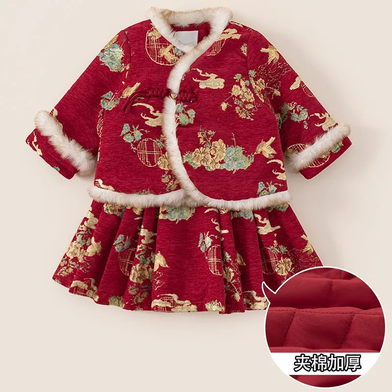 Conjunto invierno niña estilo chino con flores bordadas y forro polar - imagen 3