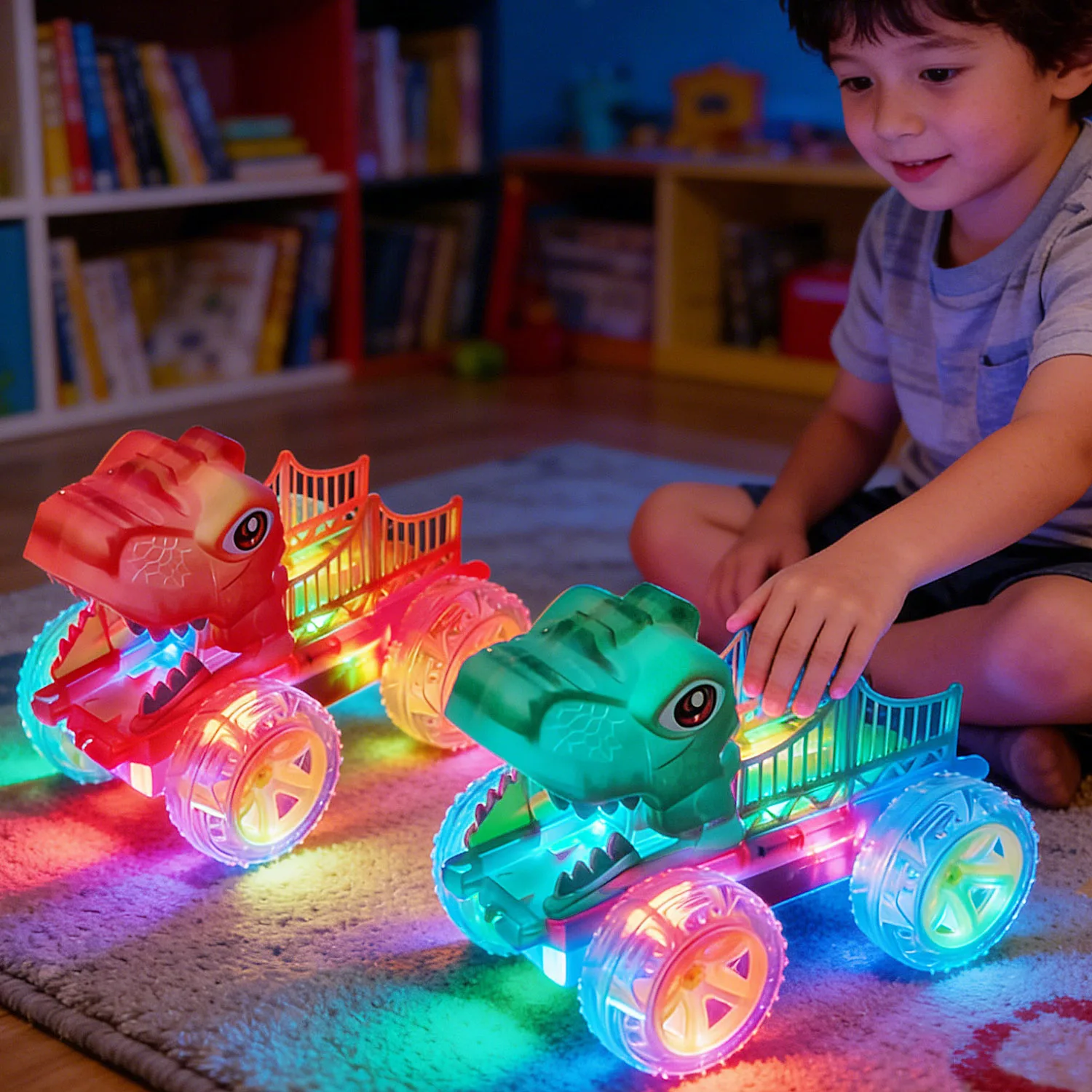Coche dinosaurio con luces LED y ruedas anticolisión para niños