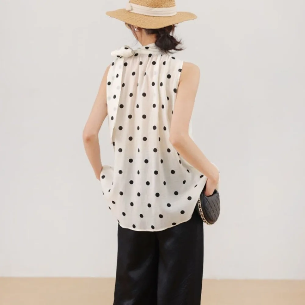 Camisa retro con lazo y lunares suaves, top halter francés - imagen 2