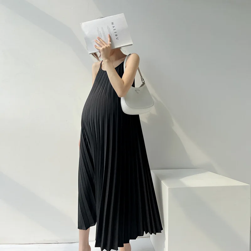 Vestido de embarazo plisado en gasa con cinturón beige-rosa - imagen 3