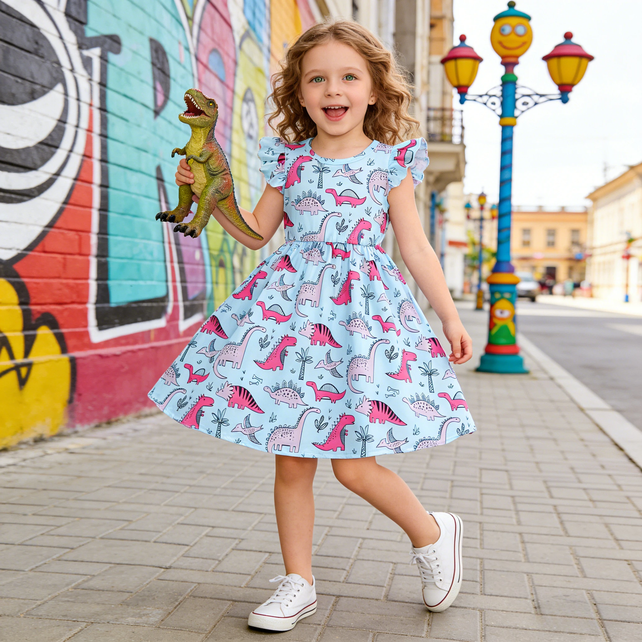Vestido de verano para niñas manga corta con estampado dinosaurios - imagen 3