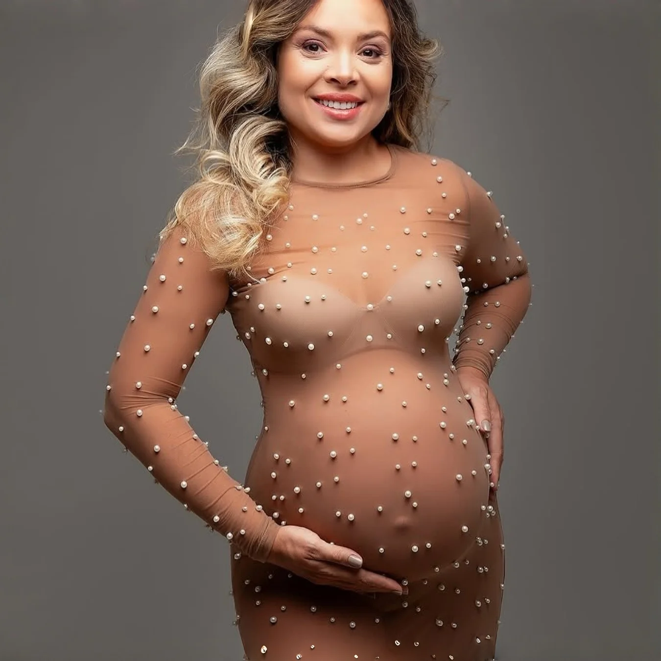 Vestido de tul elástico para fotografía de maternidad largo con perlas