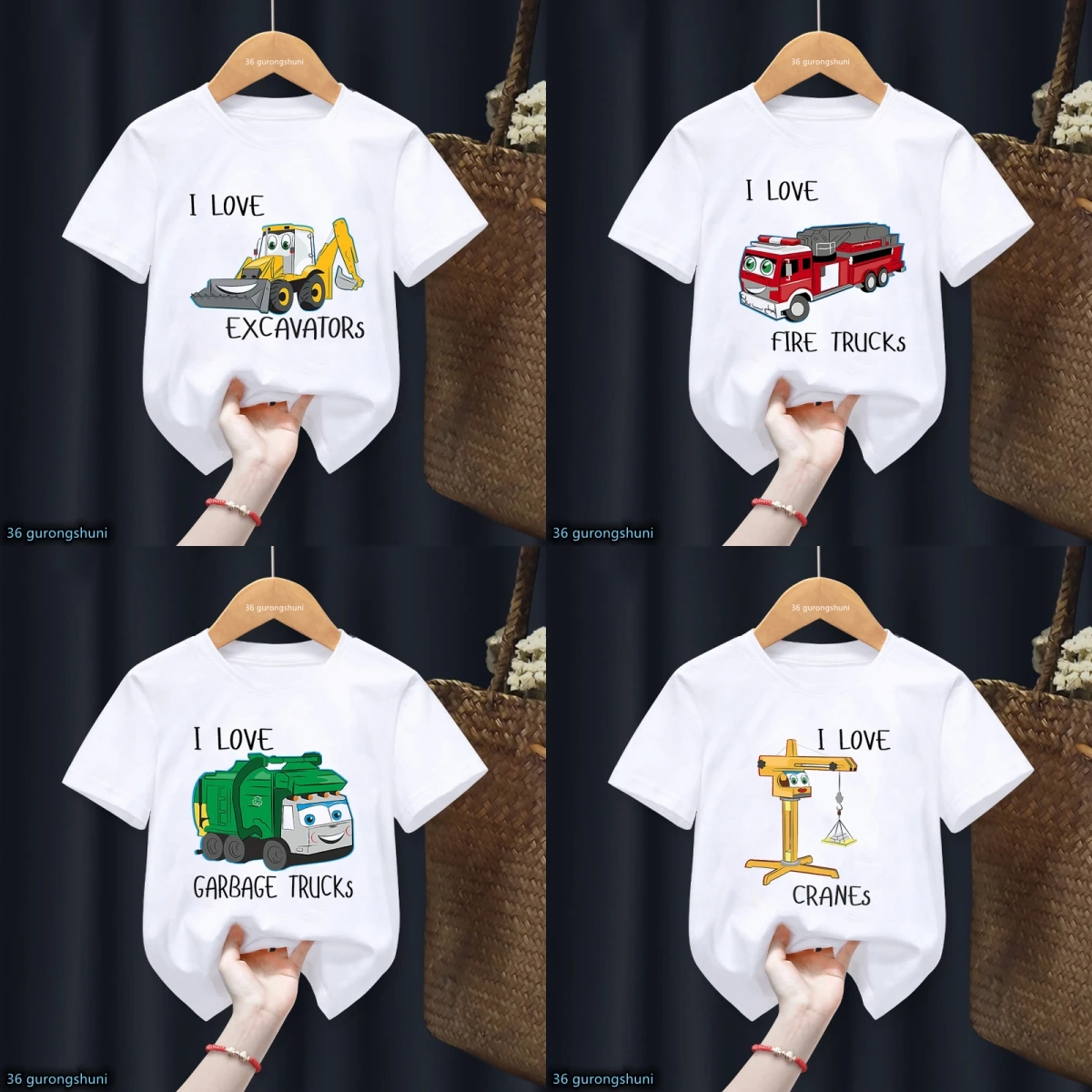 Camiseta infantil con estampado de excavadoras y camiones para niños