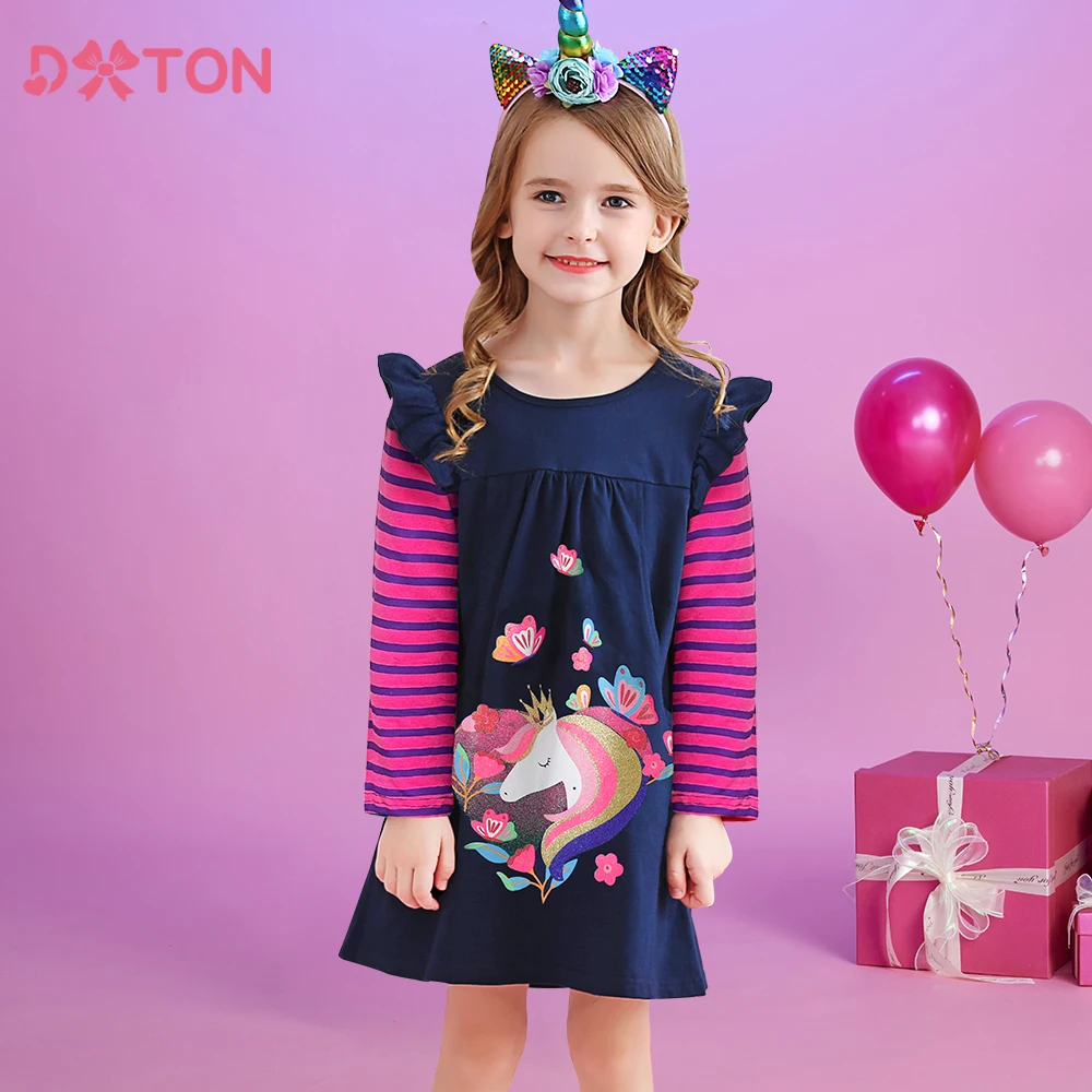 DXTON Vestido de otoño para niñas manga larga rayas algodón