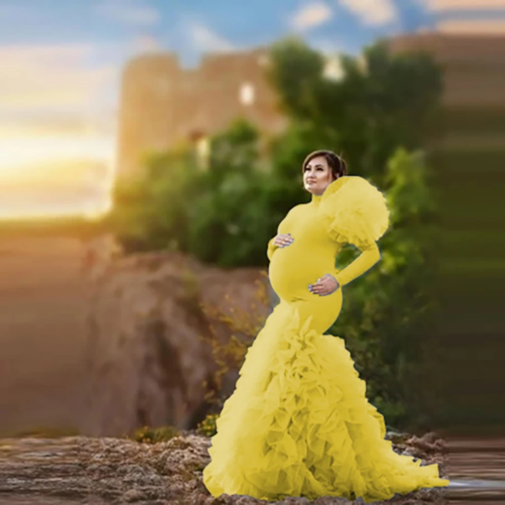 Vestido de embarazo sirena manga larga con flores y volantes - imagen 2