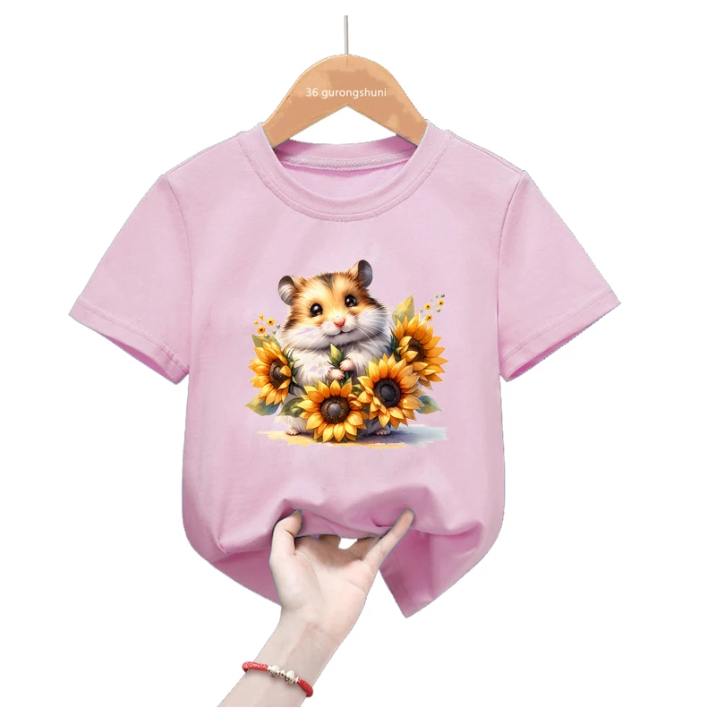 Camiseta niña estampada con hámster y girasol estilo kawaii de verano - imagen 2
