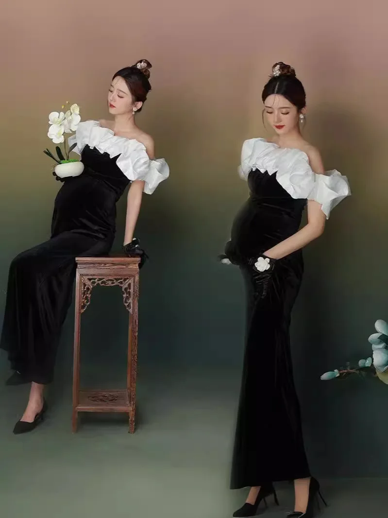 Vestido de maternidad elástico con volantes y cuello oblicuo - imagen 4