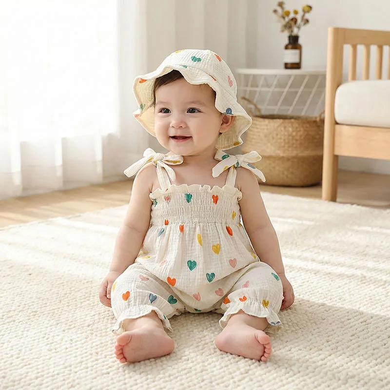 Pelele floral de tirantes con sombrero para bebé niña, verano
