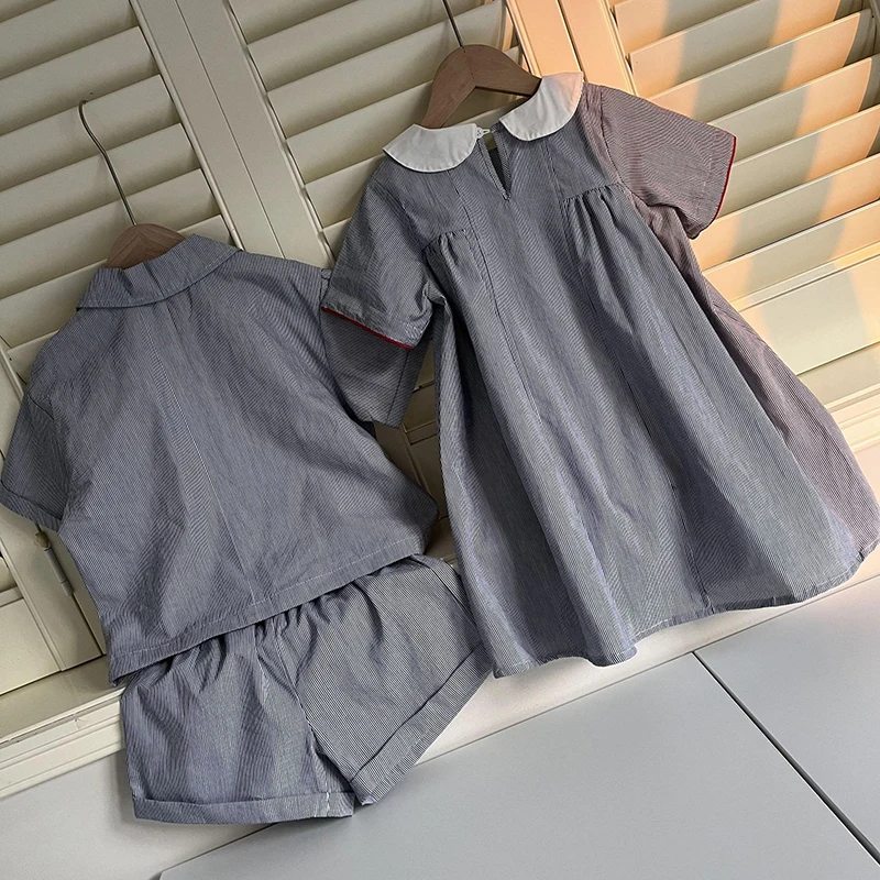 Conjunto hermanos verano: camisa de rayas y vestido cuello Peter Pan - imagen 5