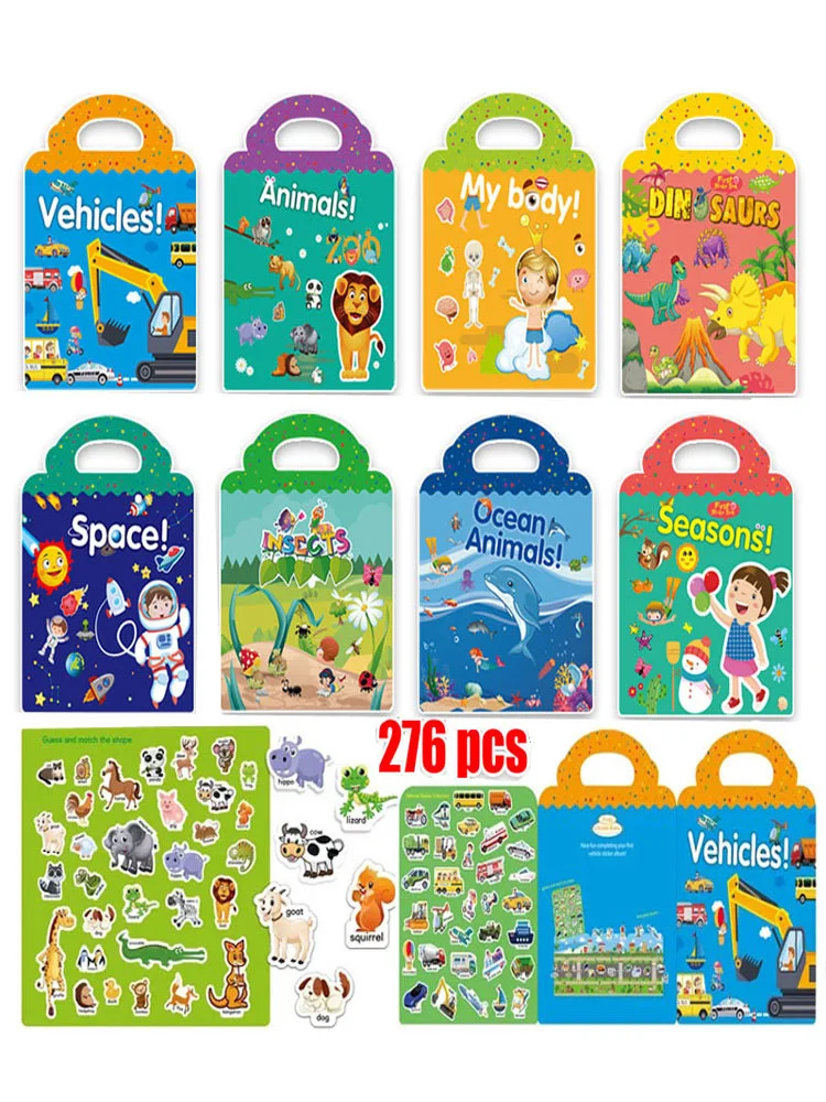 Página interior del libro con varios stickers de animales