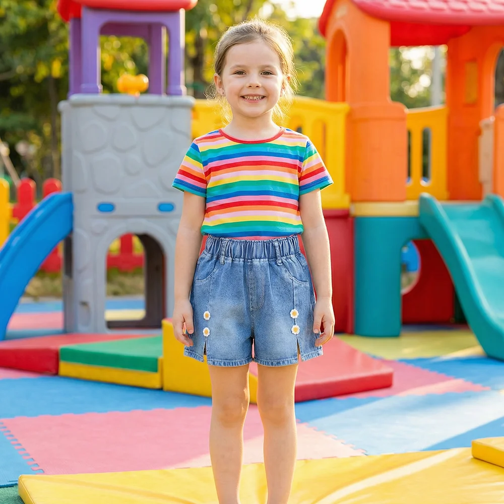 Pantalones cortos vaqueros para niña con estampado de cerezas y lazo - imagen 3