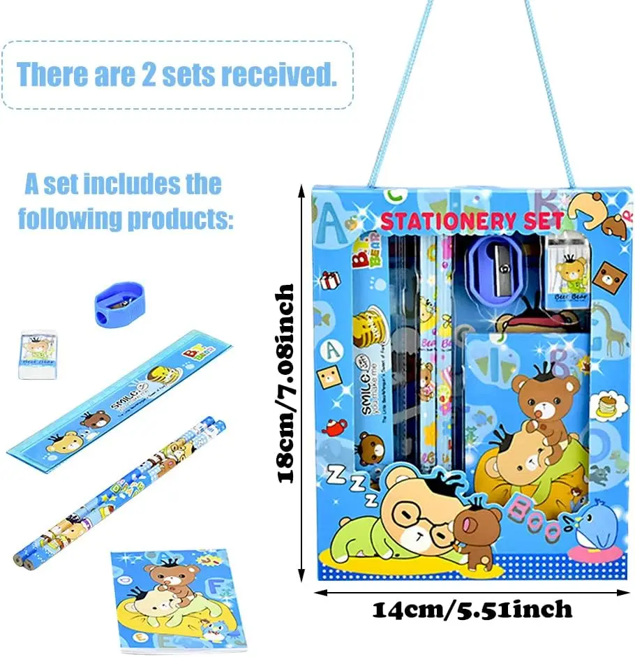 Kit de papelería escolar en color rosa con diseños de dibujos animados