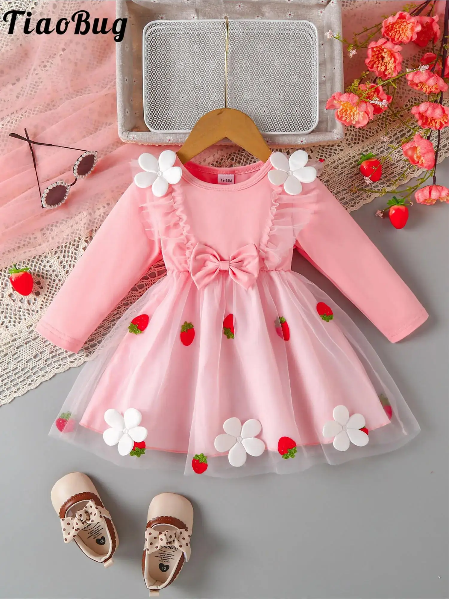 Vestido de tul princesa con lazo y flores en relieve para fiesta