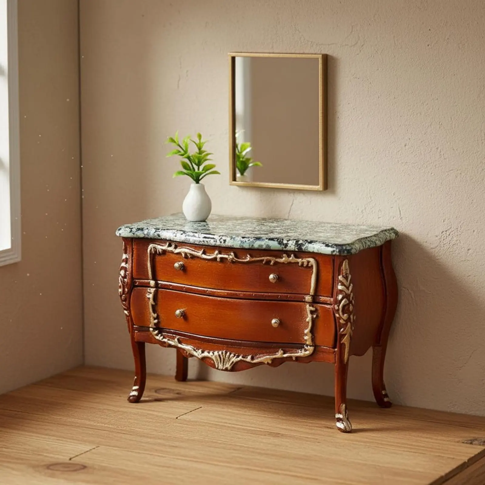Muebles para casa de muñecas vintage con detalles dorados - imagen 2
