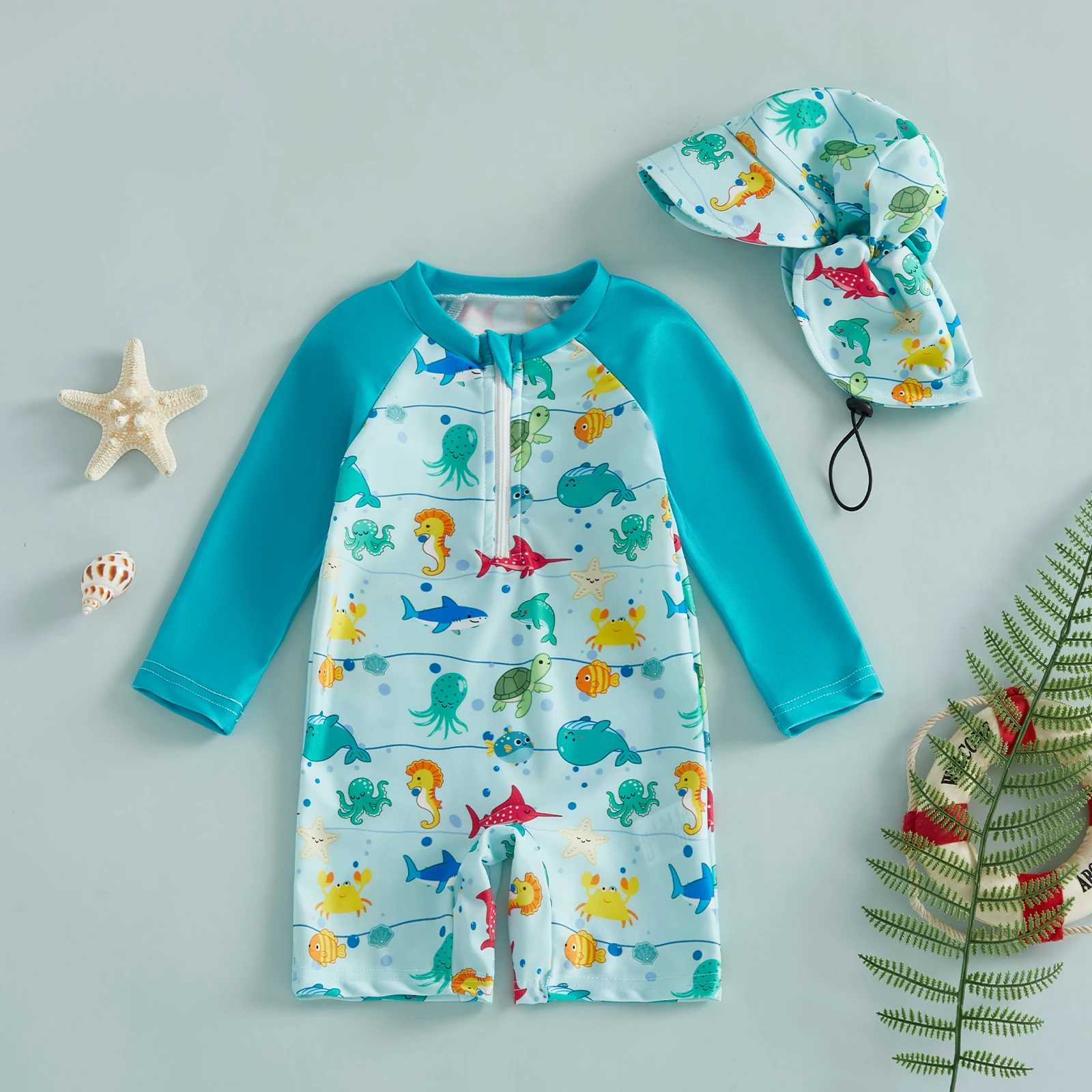 Traje de baño infantil dos piezas protección solar con gorro marino - imagen 4
