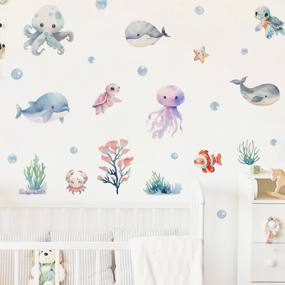 Adhesivo de pared de ballena acuarela con animales marinos - imagen 5