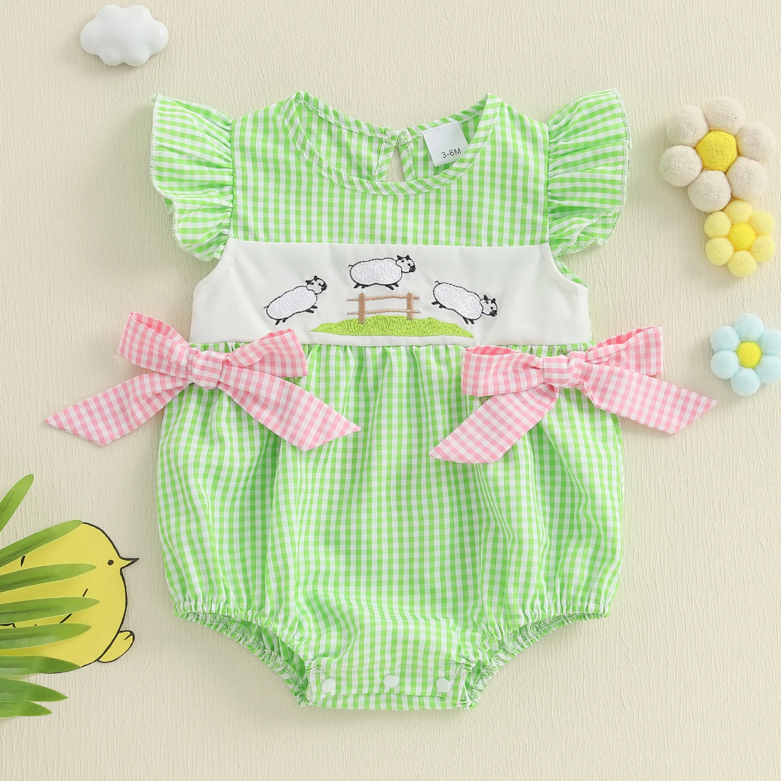 BeQeuewll Pelele de verano para bebé niña con lazos bordados de ovejas - imagen 2