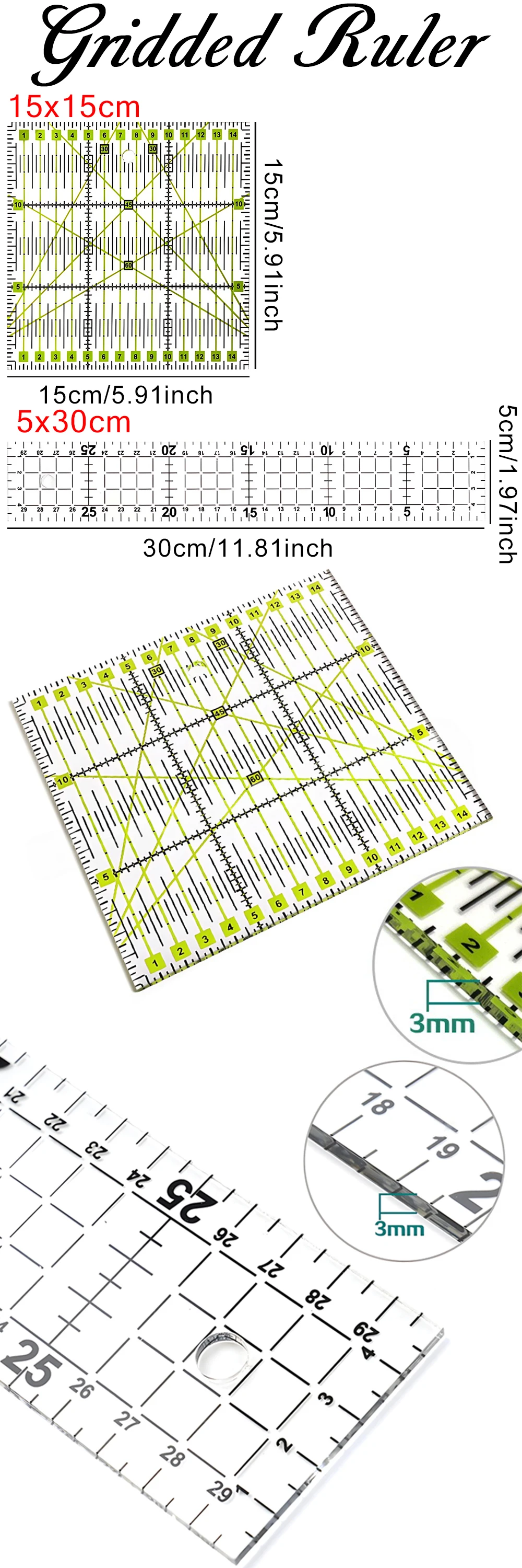 Regla de medición acrílica transparente para patchwork y quilting