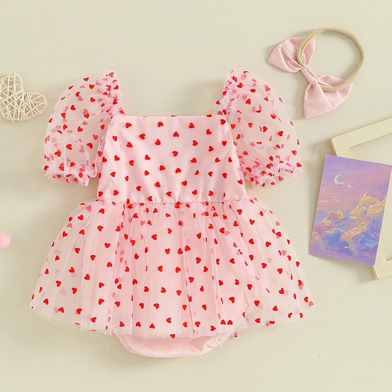 Pelele recién nacida niña San Valentín con corazón y diadema lazo - imagen 3